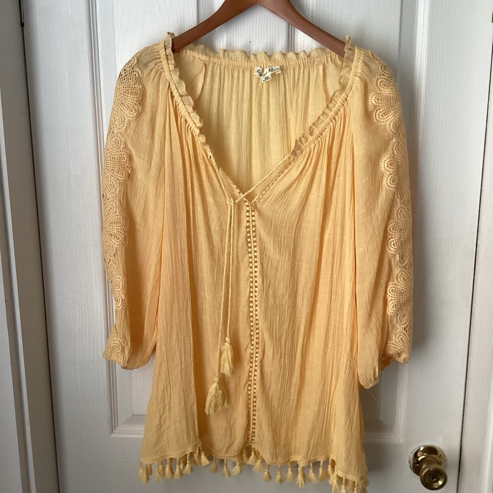 INDIGO ROSE: yellowish gold three-quarter sleeve sheer top, 2X